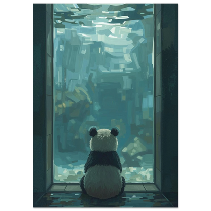 Konstnärlig illustration av en panda vid en regnig glasruta, djurmotiv