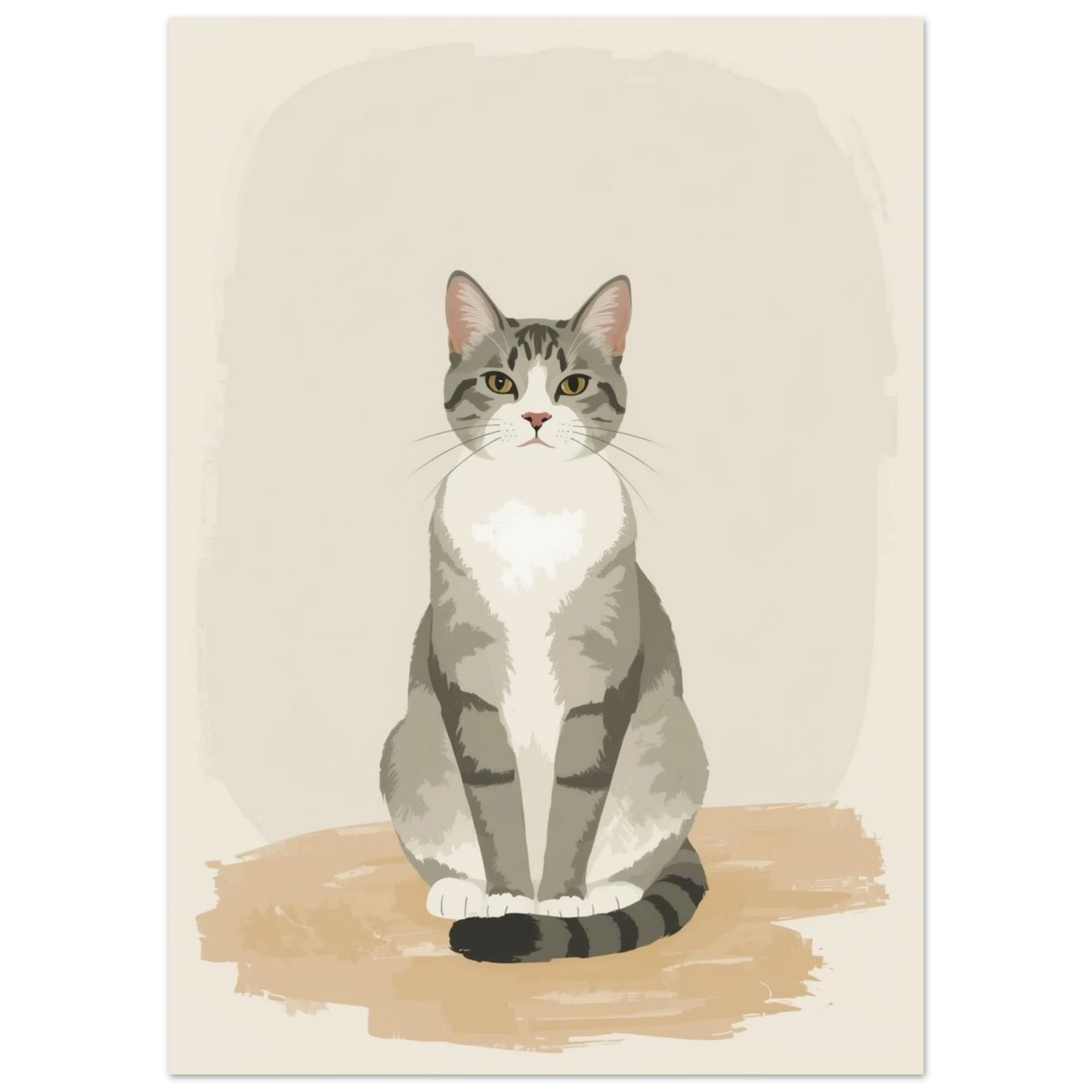 Stiliserad kattposter med en vaksam grårandig katt på sandfärgad yta