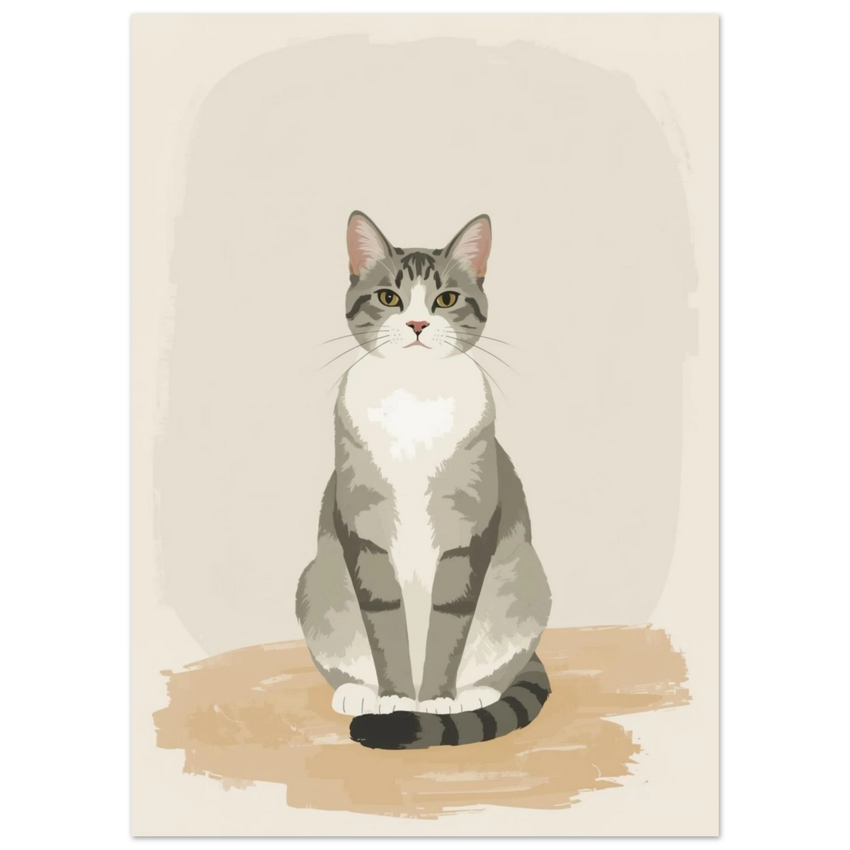 Stiliserad kattposter med en vaksam grårandig katt på sandfärgad yta