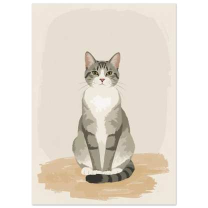Stiliserad kattposter med en vaksam grårandig katt på sandfärgad yta