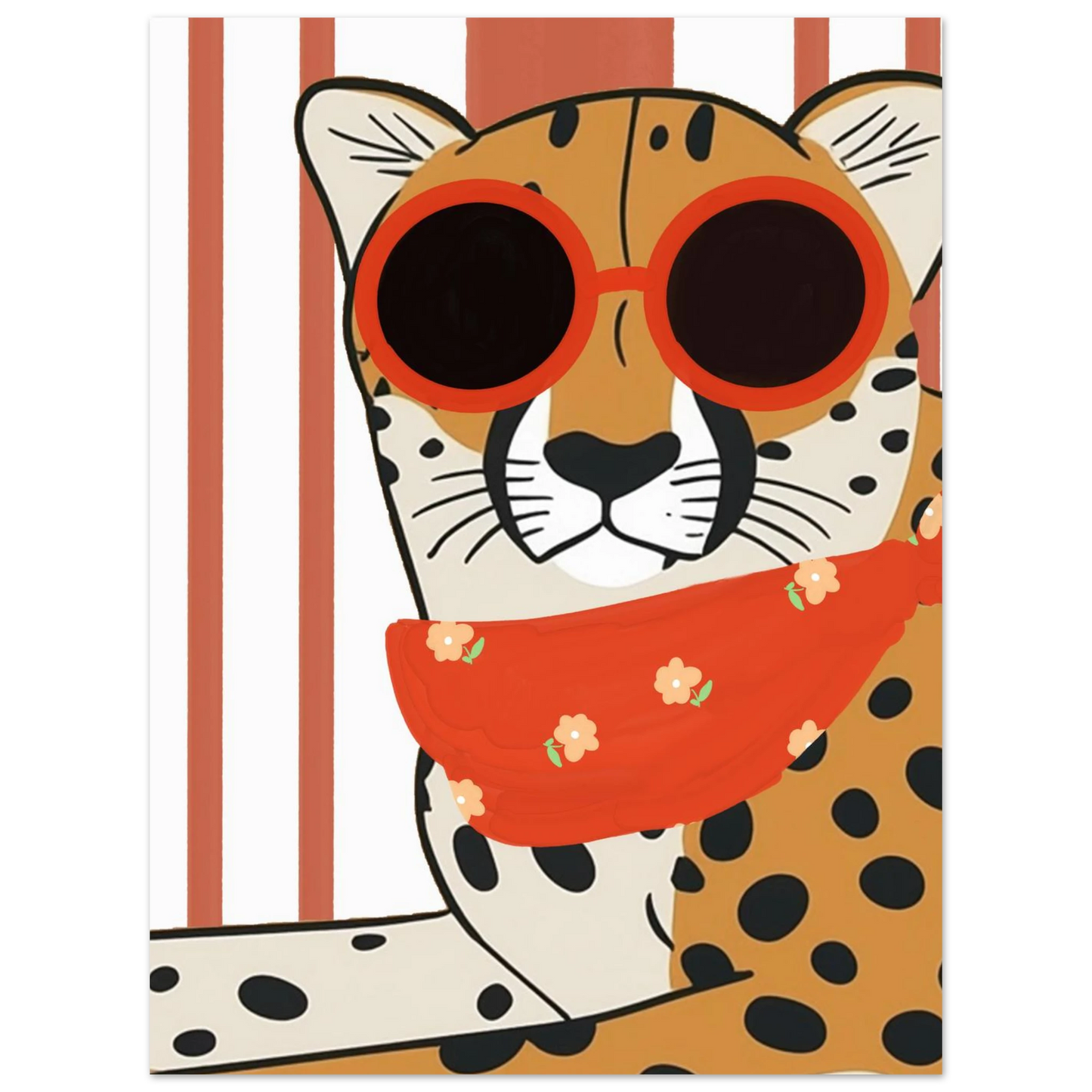 Grafiskt print av gepard med blommigt halskläde och glasögon