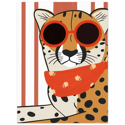 Grafiskt print av gepard med blommigt halskläde och glasögon