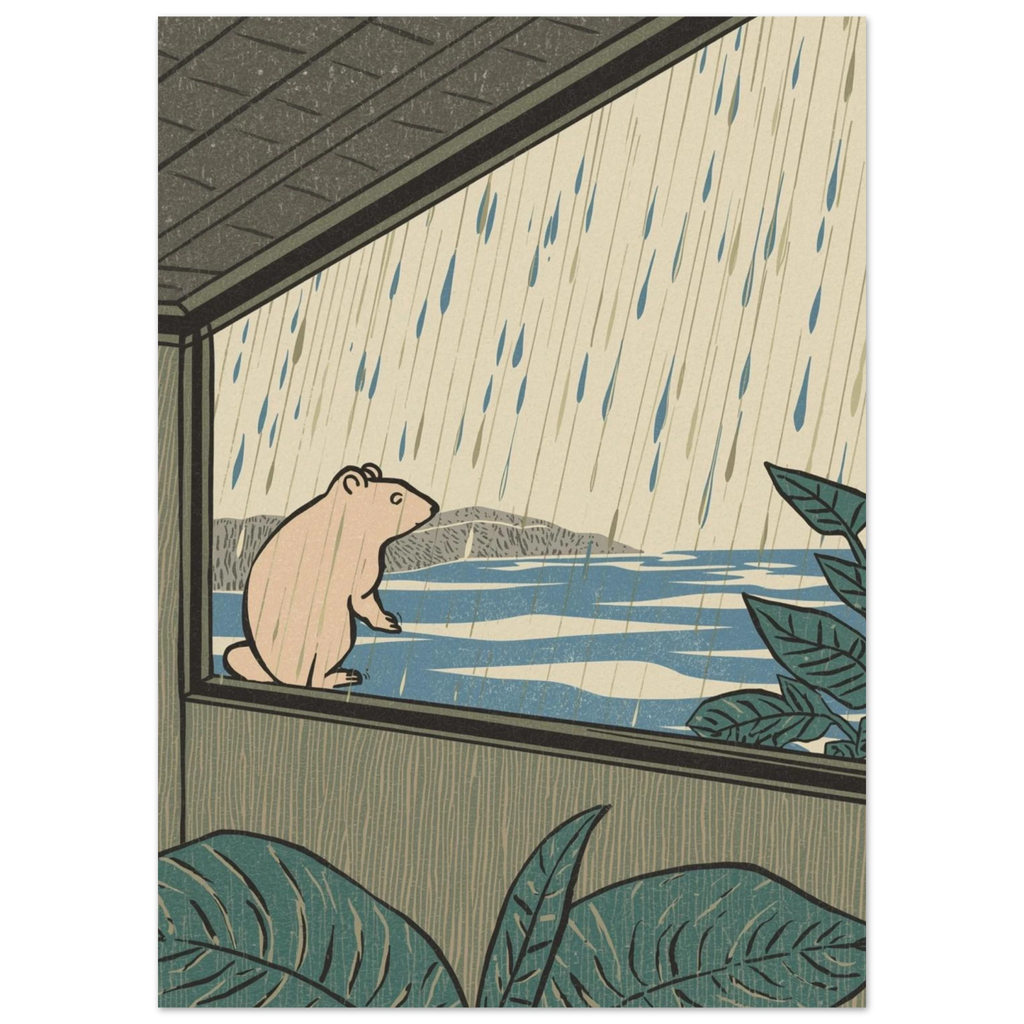 Stämningsfull illustration av en bäver under tak i regnväder, naturmotiv