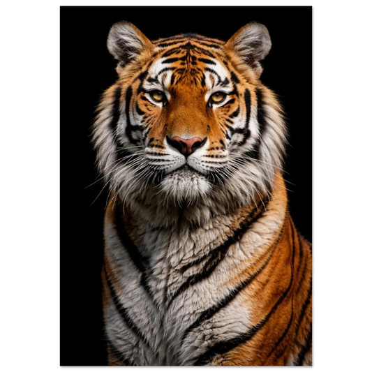 Detaljerat porträtt av en tiger som tittar rakt fram, med rävig päls och intensiv blick – Fotorealistisk poster