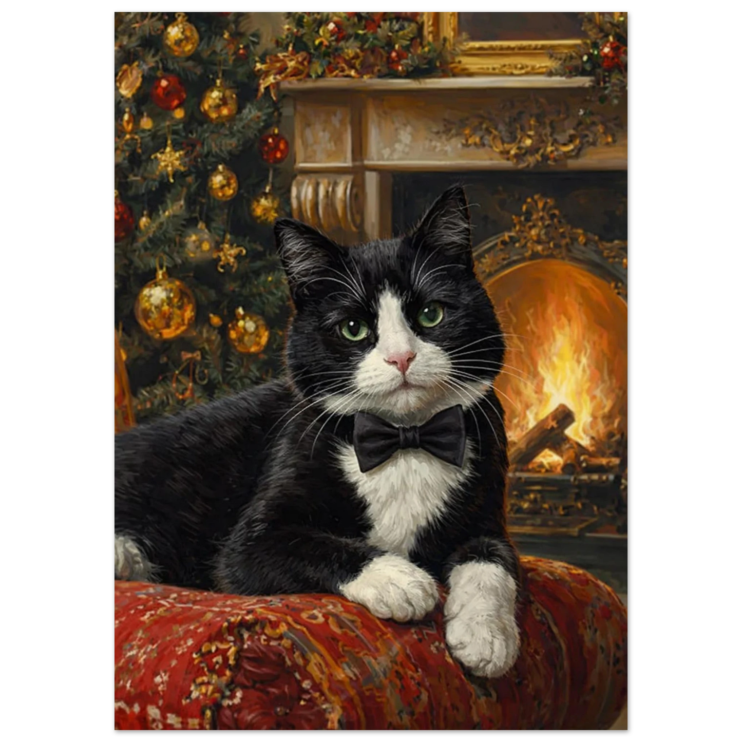 Svartvit julig Tuxedo-katt med fluga med julgran i bakgrunden och brasa – Målad poster