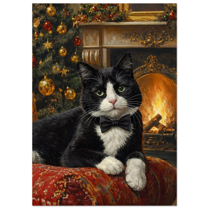 Svartvit julig Tuxedo-katt med fluga med julgran i bakgrunden och brasa – Målad poster