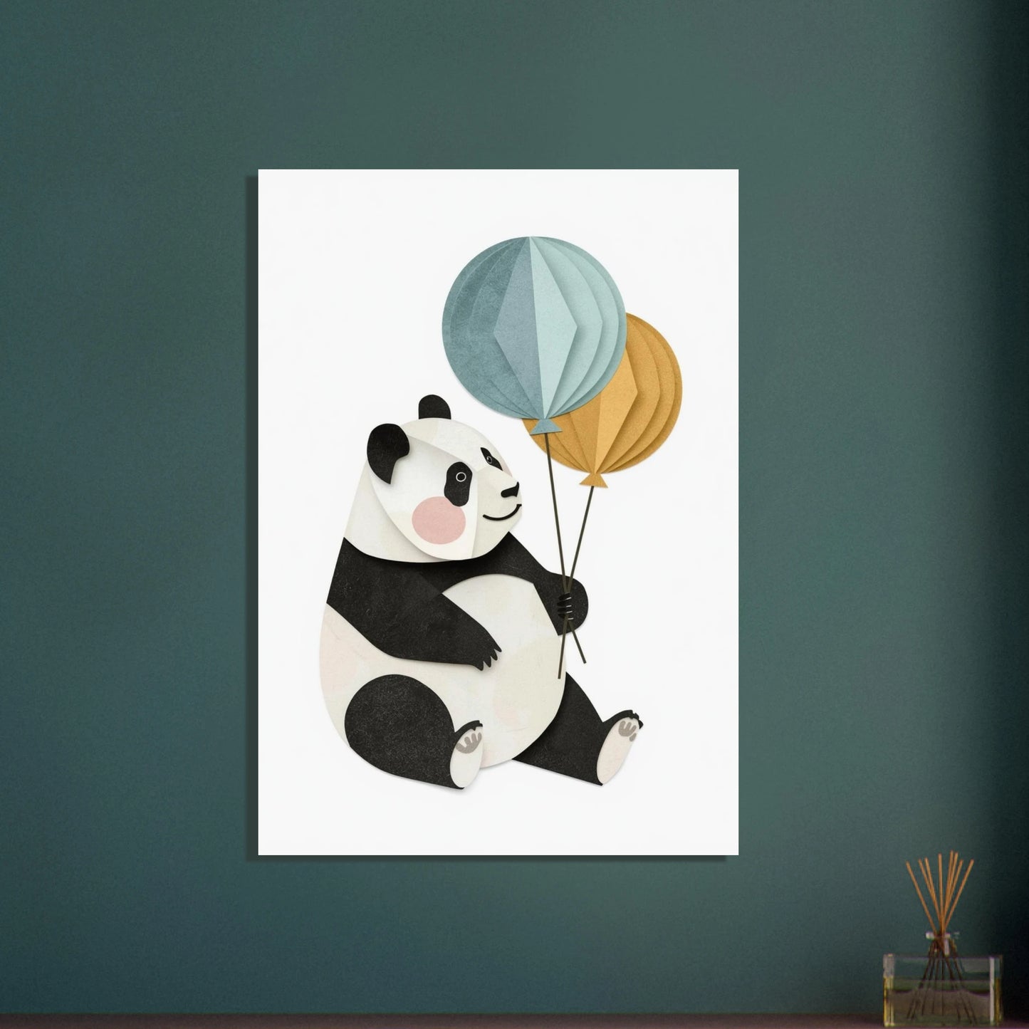 Panda i cutpaper-stil med ballonger, lekfull och drömsk känsla