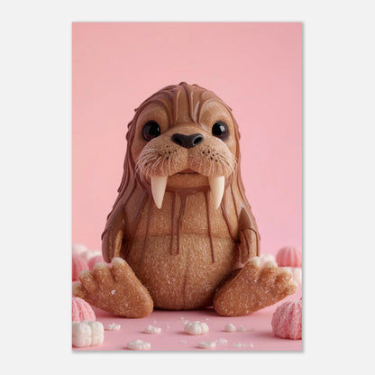 Lekfull barnposter med en chokladbrun valross och fluffiga godisdetaljer
