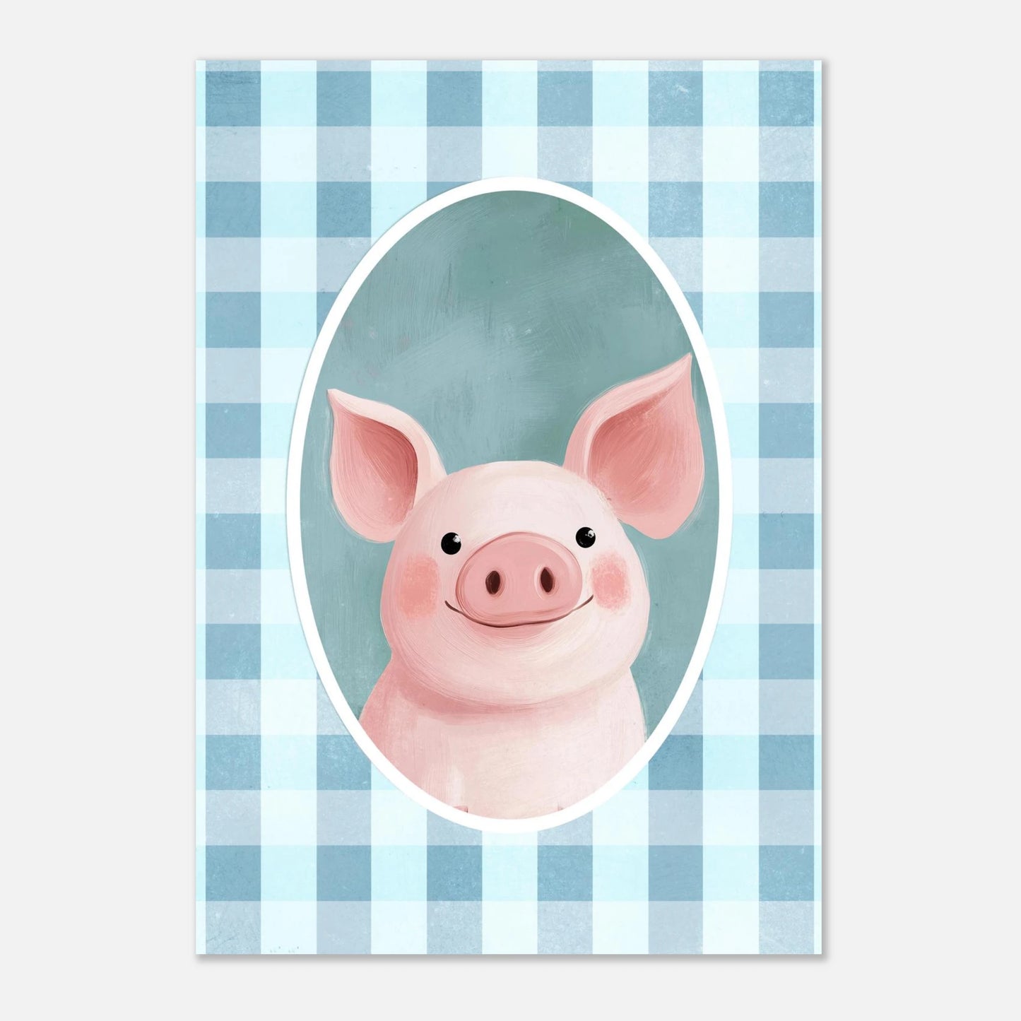 Inramad illustration av en rosa gris mot en klassisk blårutig fond