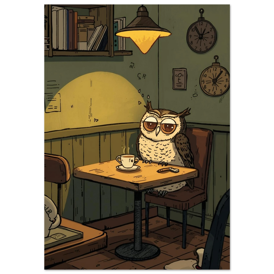 Uggla med glasögon dricker kaffe i en mysig retro-miljö – illustrerad djurposter