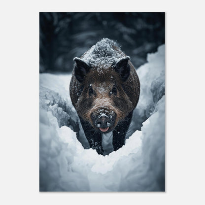 Mörkt vildsvin kontrasterar mot vit snö i en kraftfull djurposter