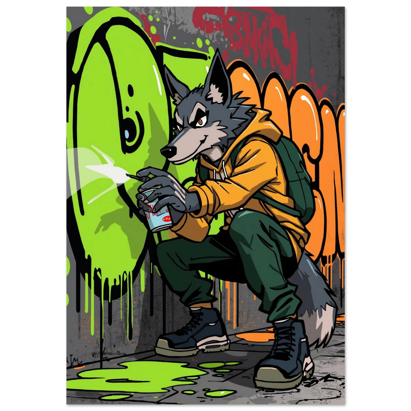 Varg i gul hoodie sprayar grön graffiti – urban djurposter