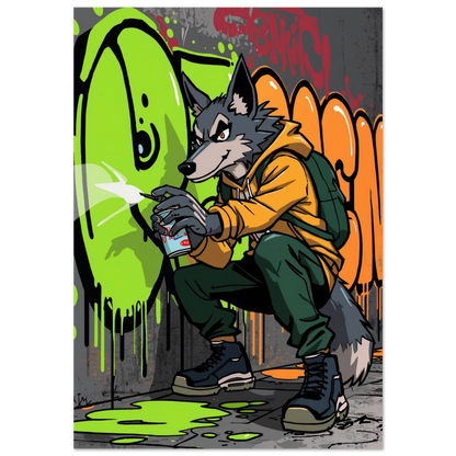 Varg i gul hoodie sprayar grön graffiti – urban djurposter