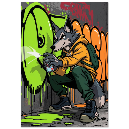 Varg i gul hoodie sprayar grön graffiti – urban djurposter