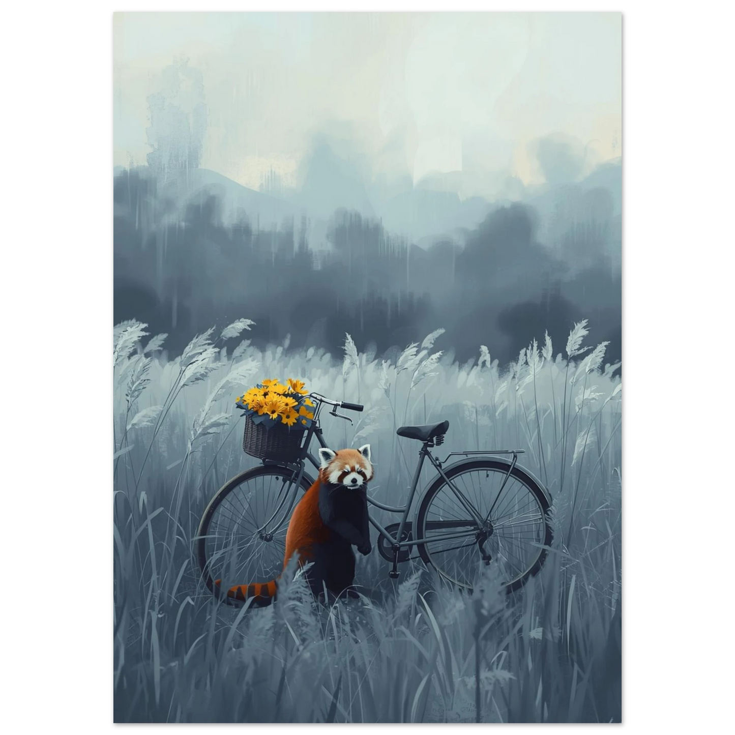 Närbild på röd panda och cykelkorg med solrosor, konstnärlig poster