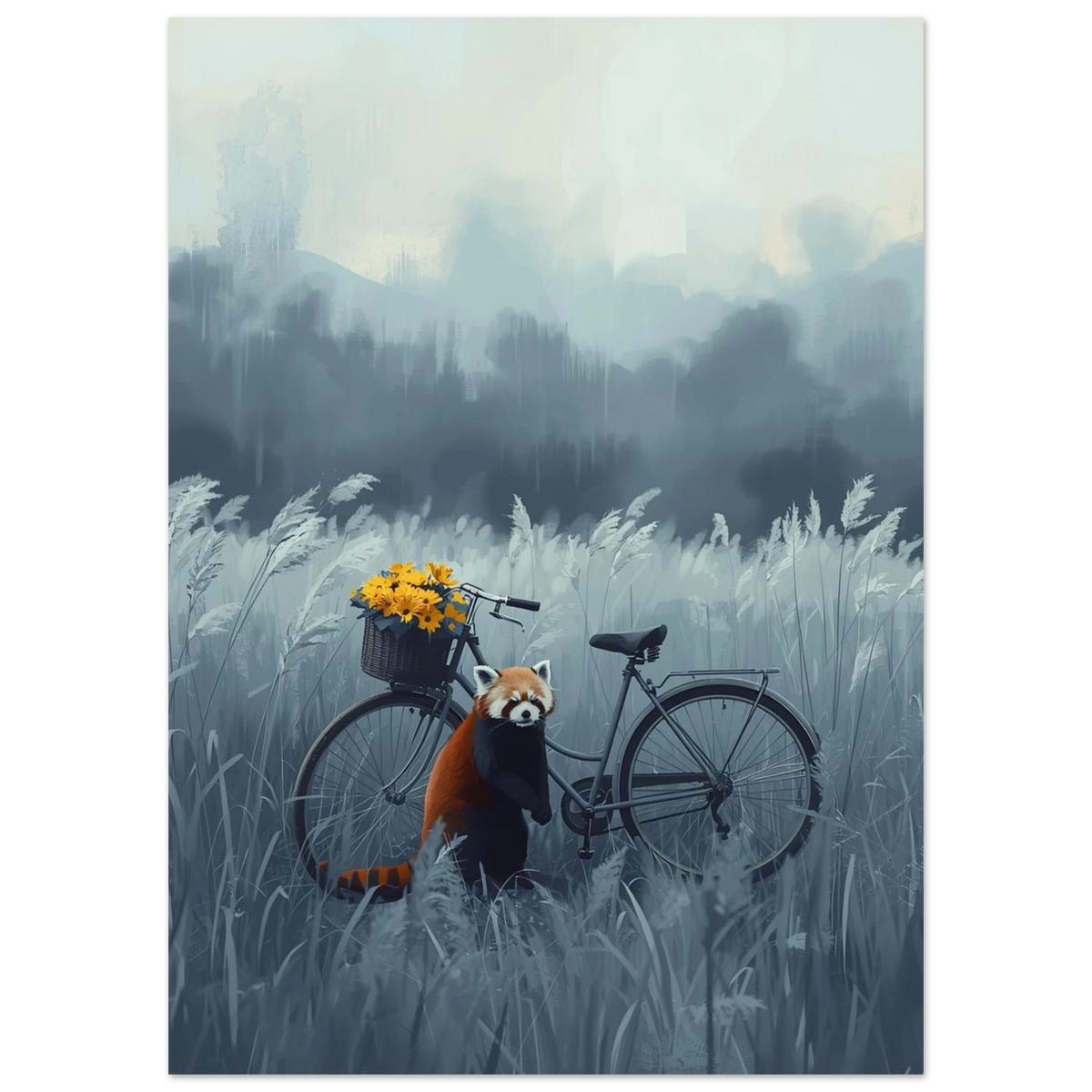 Närbild på röd panda och cykelkorg med solrosor, konstnärlig poster