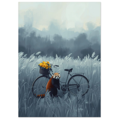 Närbild på röd panda och cykelkorg med solrosor, konstnärlig poster