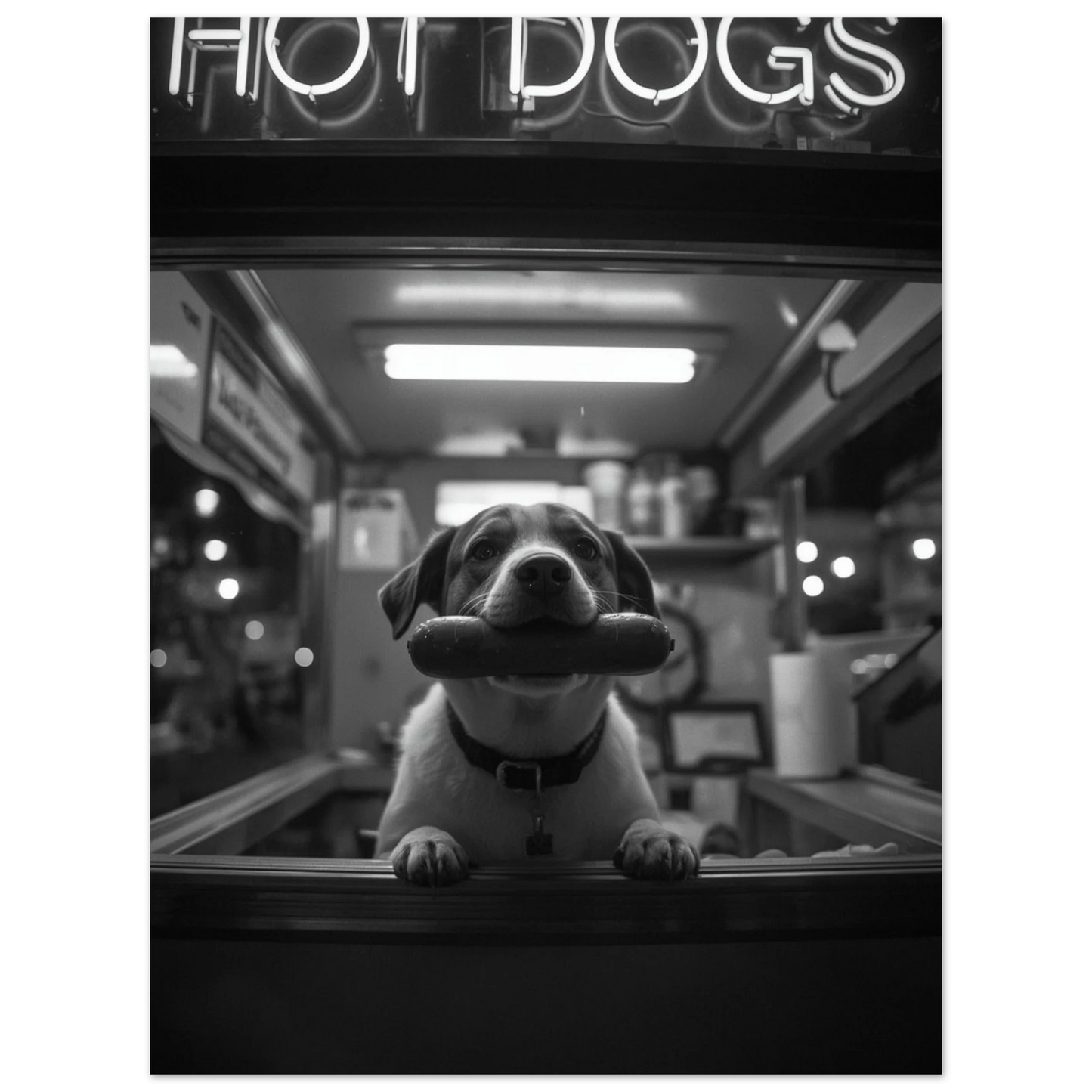 Street photography motiv med hund och hot dogs text i neon