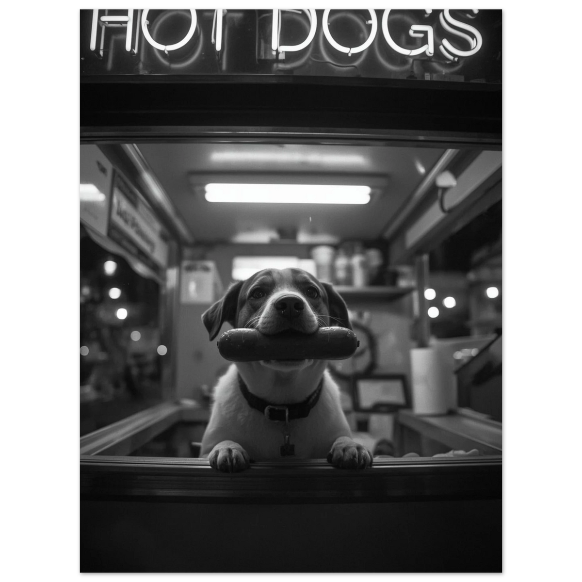 Street photography motiv med hund och hot dogs text i neon
