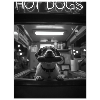 Street photography motiv med hund och hot dogs text i neon