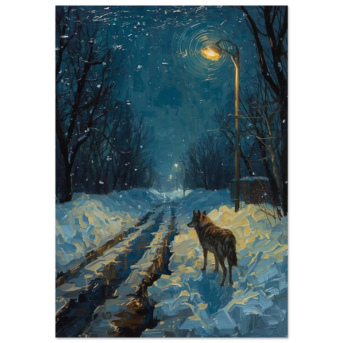 Oljemålning av varg på snöig gata under gult lyktljus – djurposter