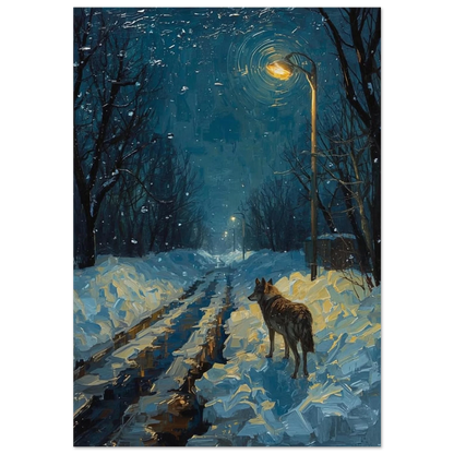 Oljemålning av varg på snöig gata under gult lyktljus – djurposter
