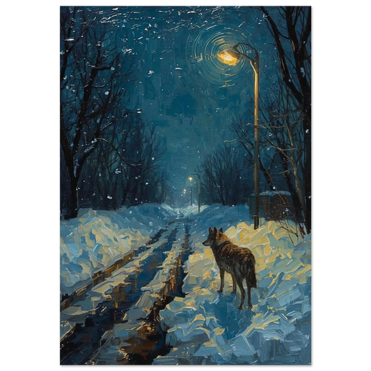 Oljemålning av varg på snöig gata under gult lyktljus – djurposter