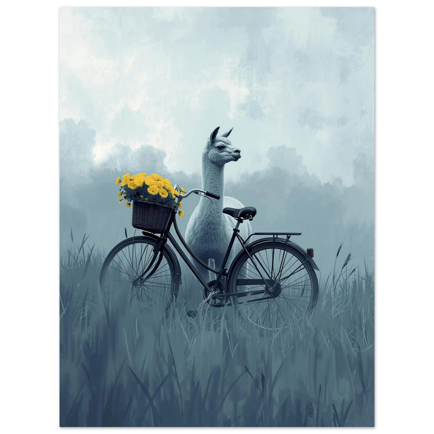 Digital målning av en vit alpacka och blomfylld cykelkorg – väggkonst