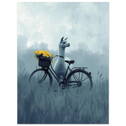 Digital målning av en vit alpacka och blomfylld cykelkorg – väggkonst