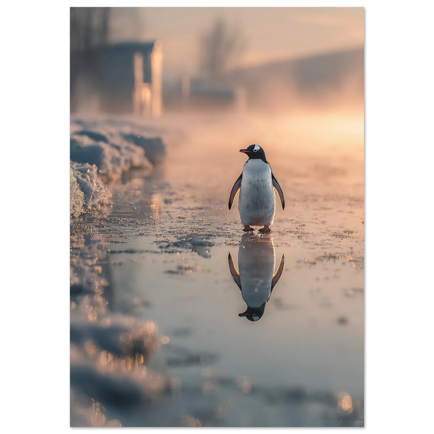 Pingvin på isig mark med spegelbild i vattnet – Fotorealistisk poster