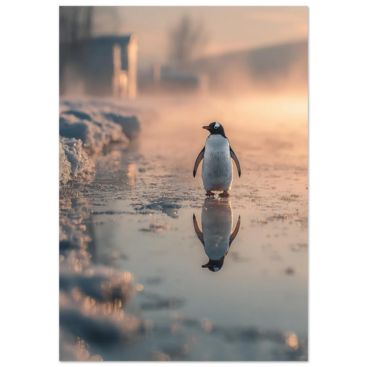 Pingvin på isig mark med spegelbild i vattnet – Fotorealistisk poster