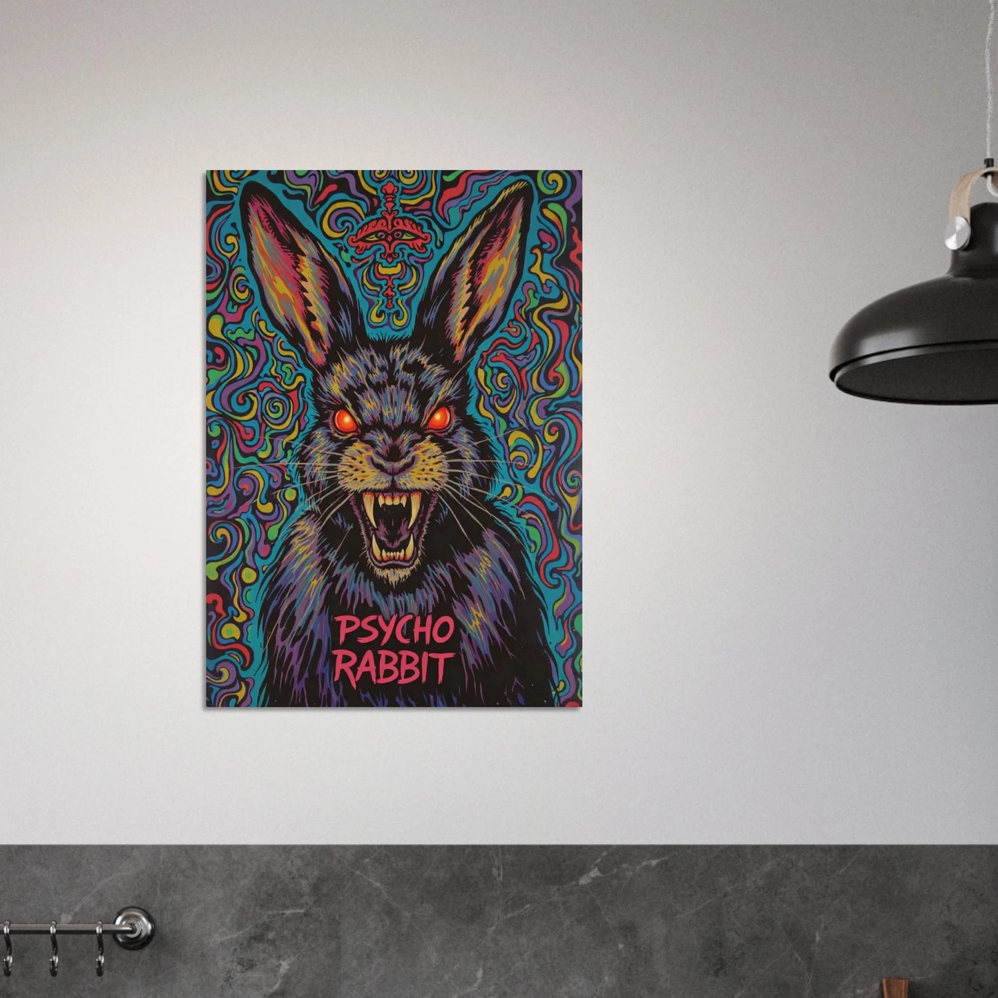Psykedelisk kanin poster upphängd på vit vägg ovanför diskbänk – Tecknad poster