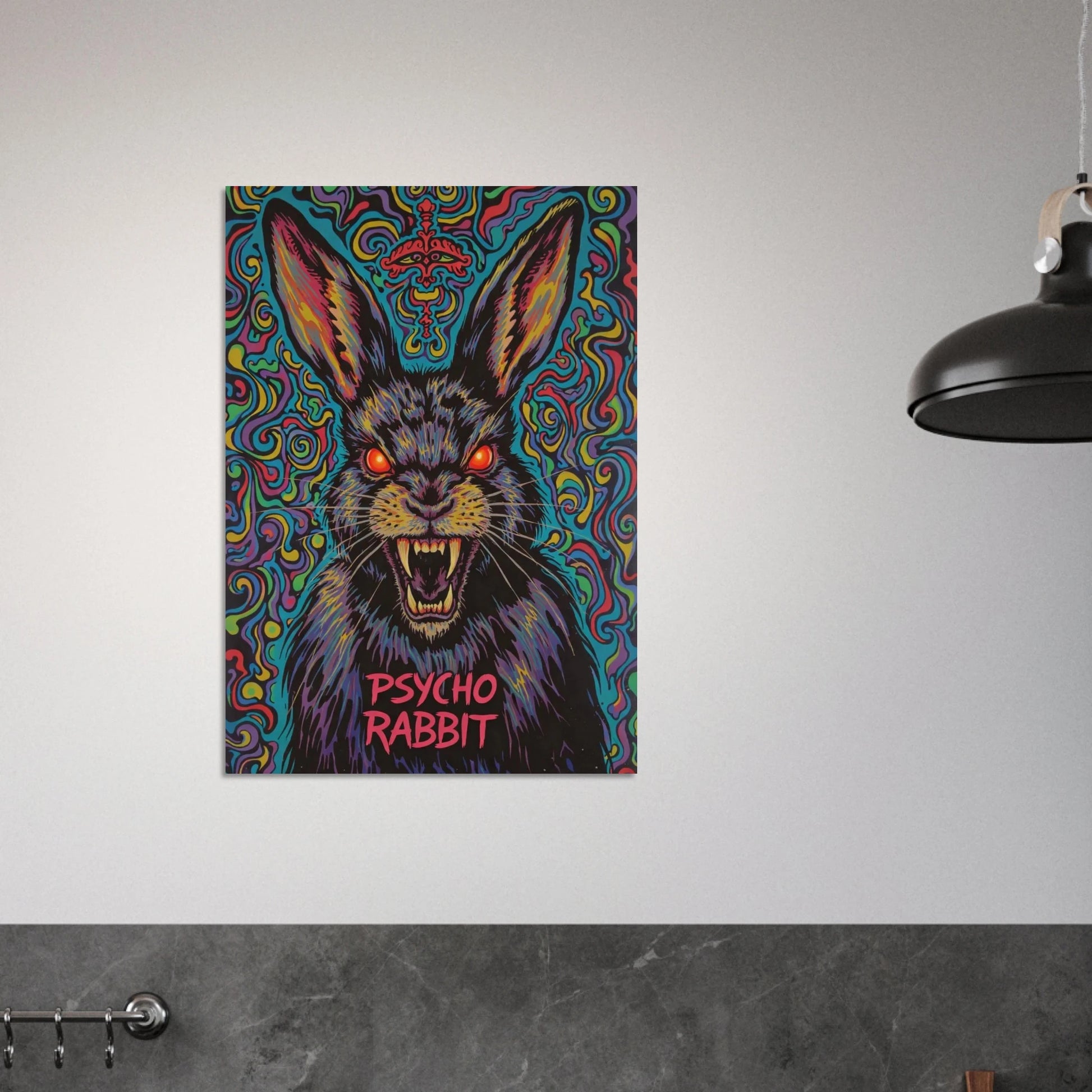 Psykedelisk kanin poster upphängd på vit vägg ovanför diskbänk – Tecknad poster