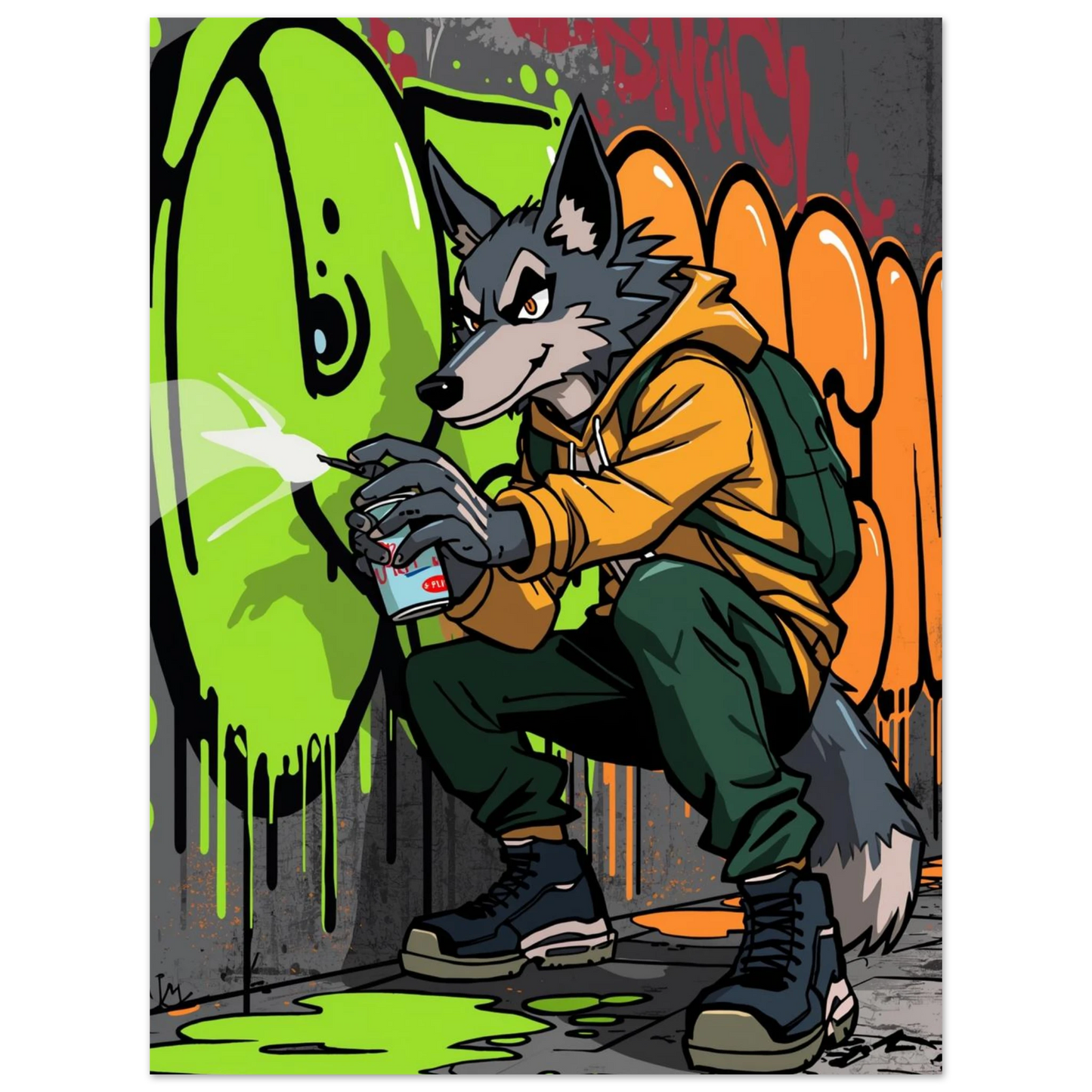 Kaxig varg som skapar grön och orange graffiti – serieinspirerad poster