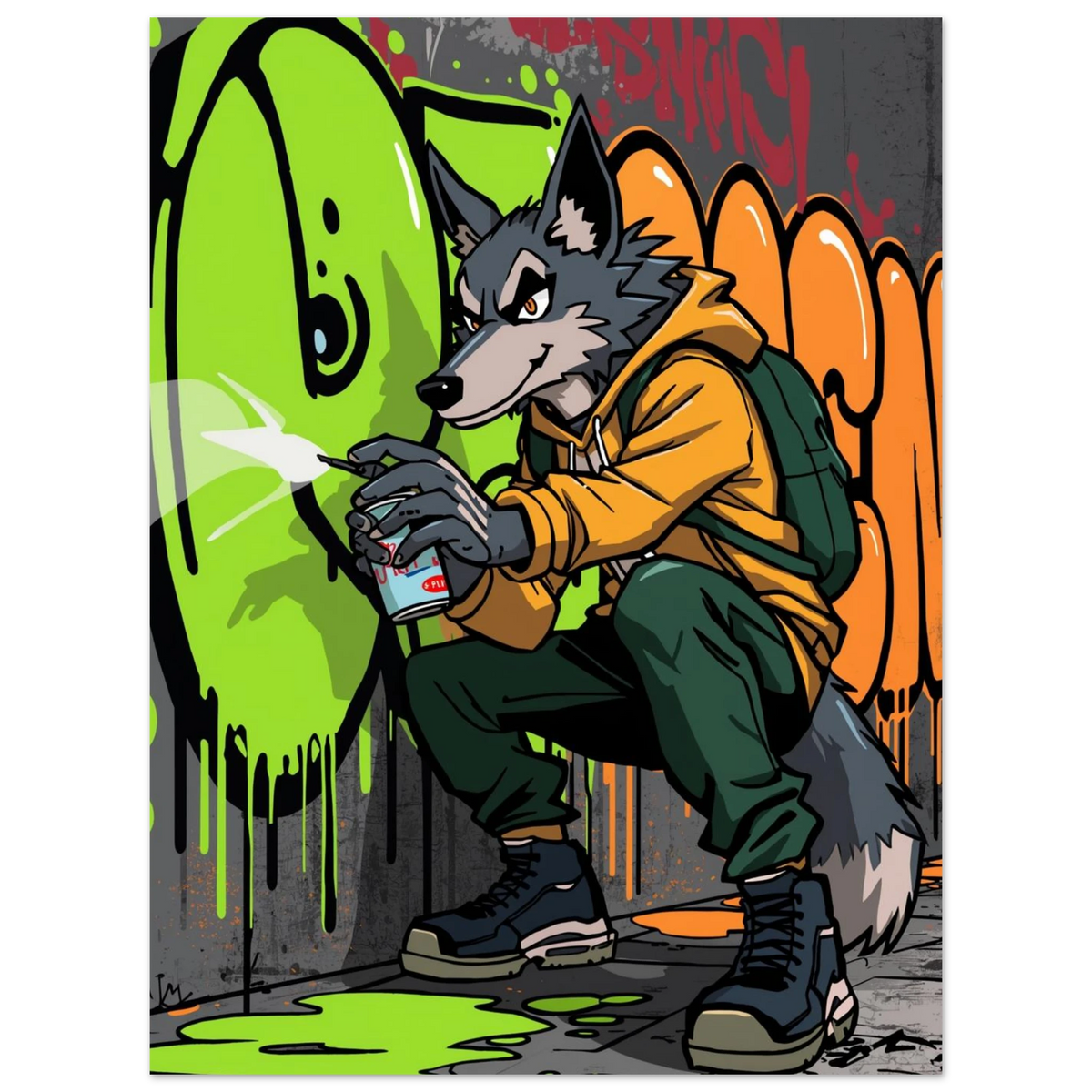 Kaxig varg som skapar grön och orange graffiti – serieinspirerad poster