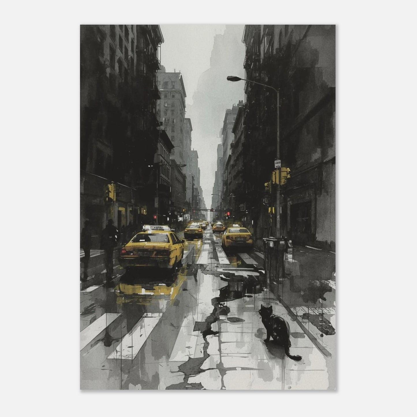 Minimalistisk poster av en ensam katt på Manhattan, ljusgrå bakgrund