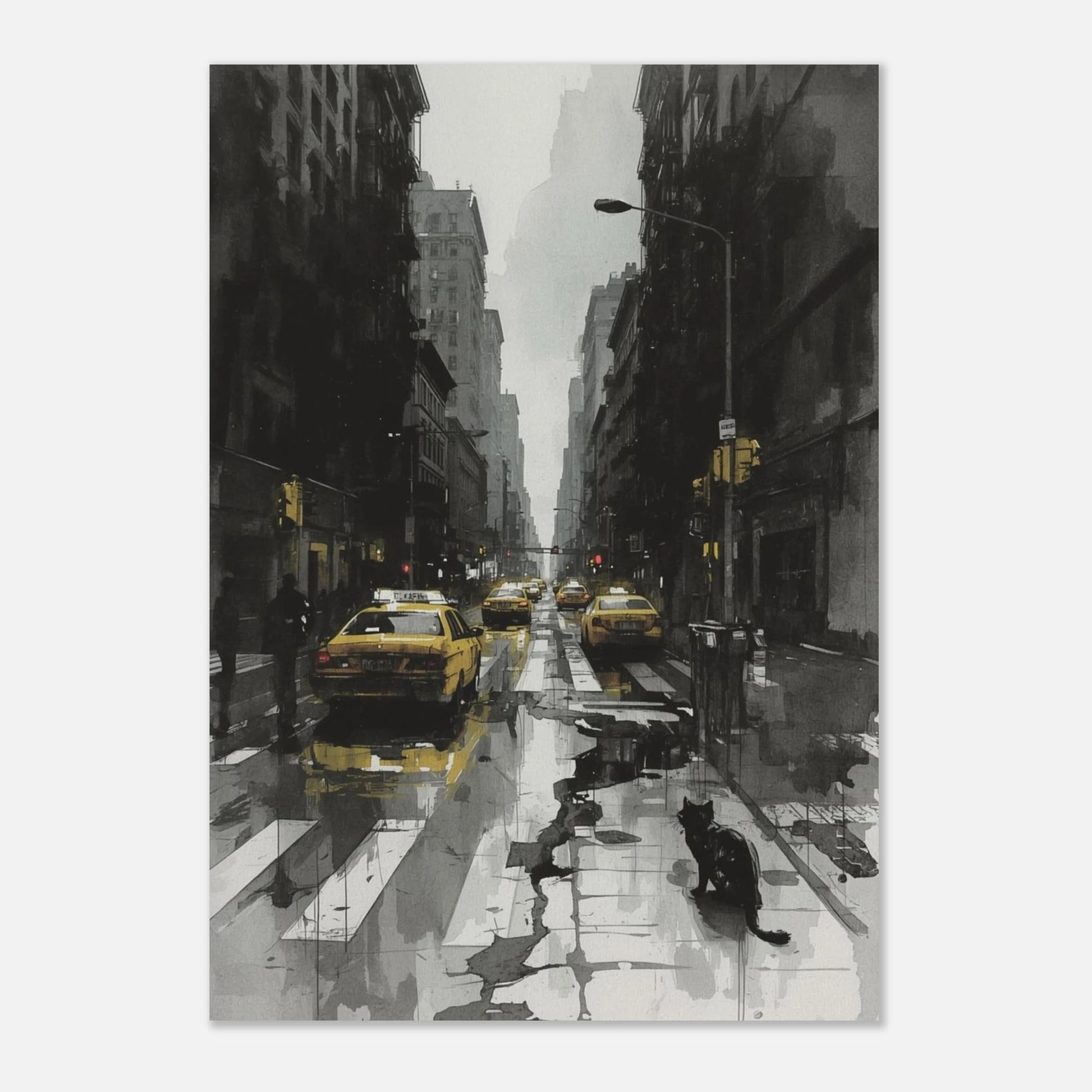 Minimalistisk poster av en ensam katt på Manhattan, ljusgrå bakgrund