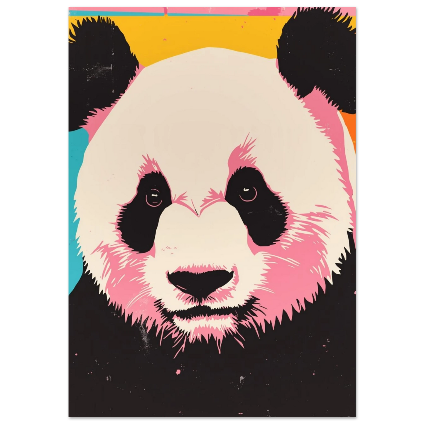 Popkonst-poster av en panda med rosa kinder och gul bakgrund