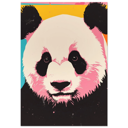 Popkonst-poster av en panda med rosa kinder och gul bakgrund