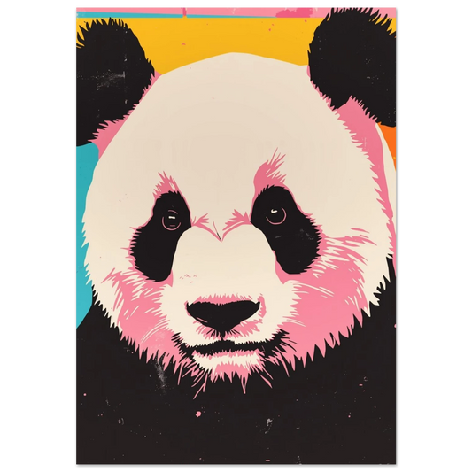 Popkonst-poster av en panda med rosa kinder och gul bakgrund
