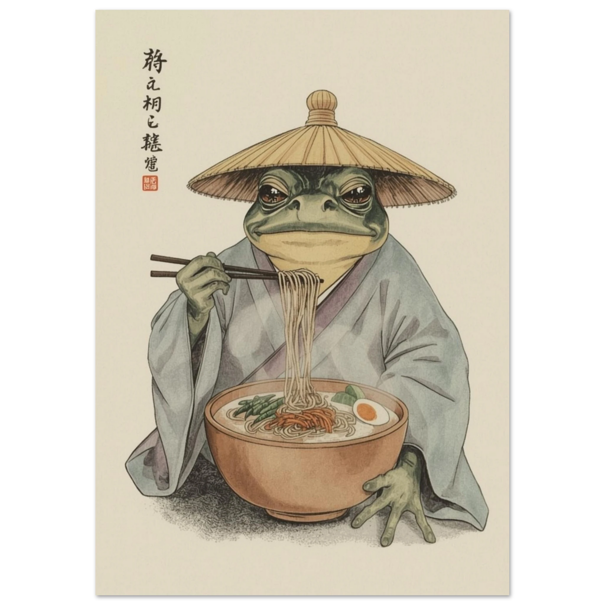 Grodmunk som avnjuter en rykande skål ramen – Retro poster