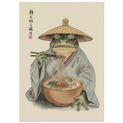 Grodmunk som avnjuter en rykande skål ramen – Retro poster