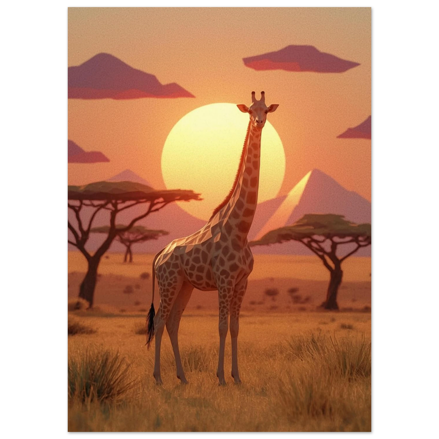 Stiliserad giraff framför en stor gul sol i afrikanskt landskap