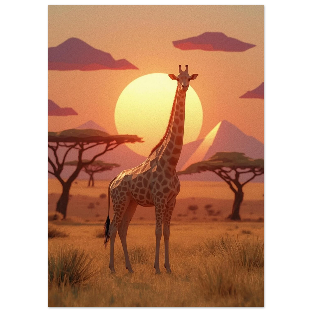 Stiliserad giraff framför en stor gul sol i afrikanskt landskap