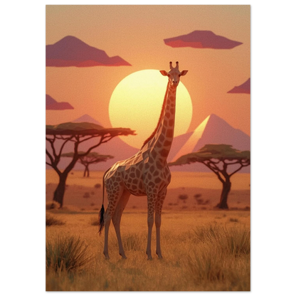 Stiliserad giraff framför en stor gul sol i afrikanskt landskap