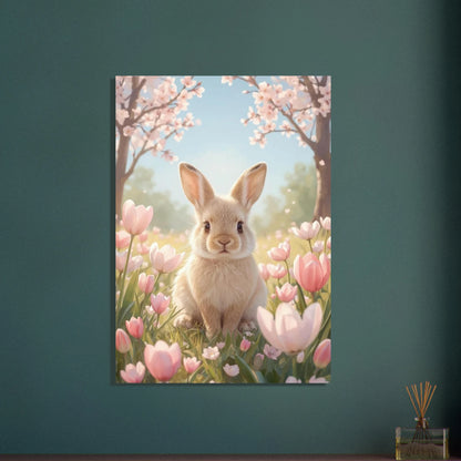 Fluffig kanin i fält av rosa tulpaner under blommande träd.