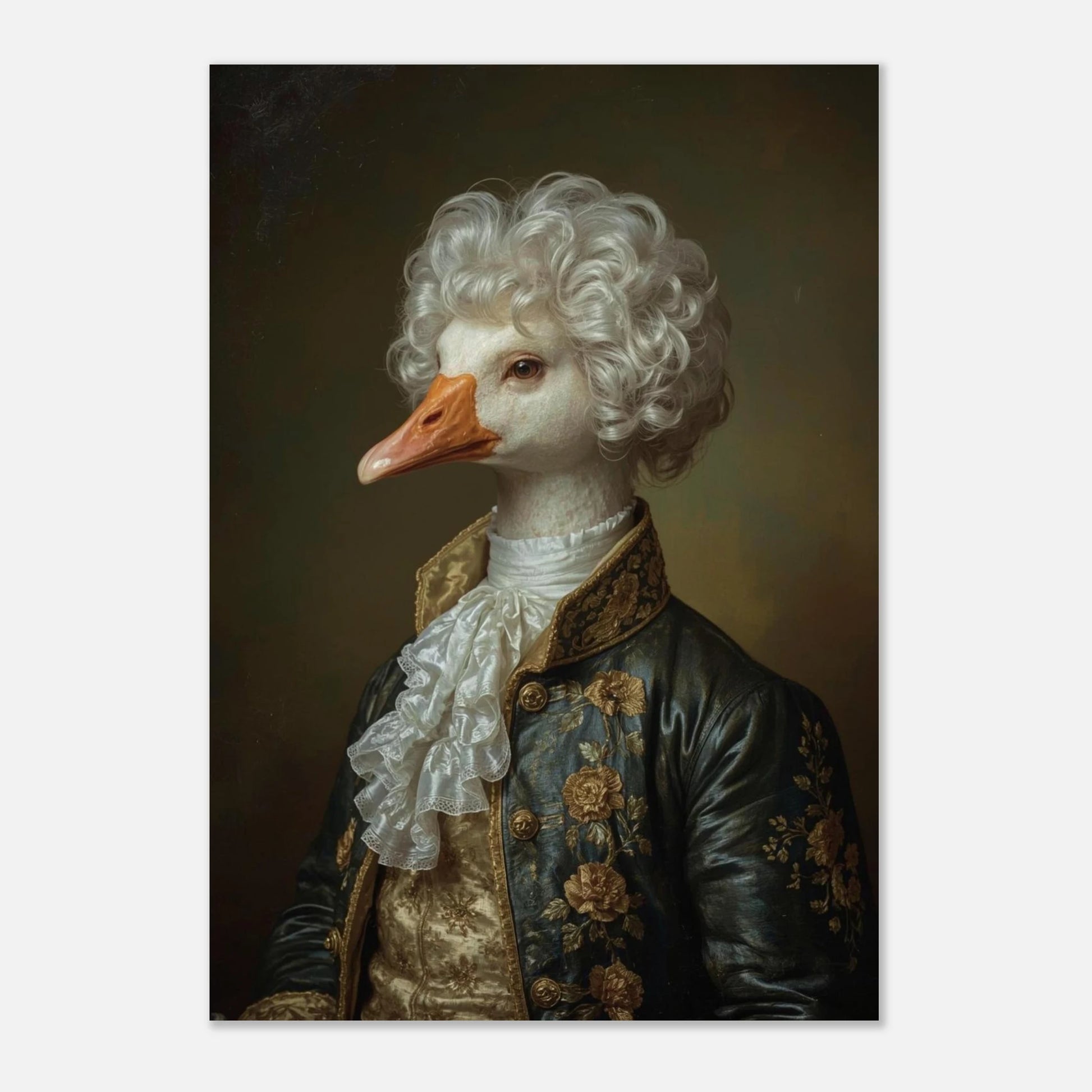 Elegant väggkonst med en gås i aristokratisk mundering mot mörk fond