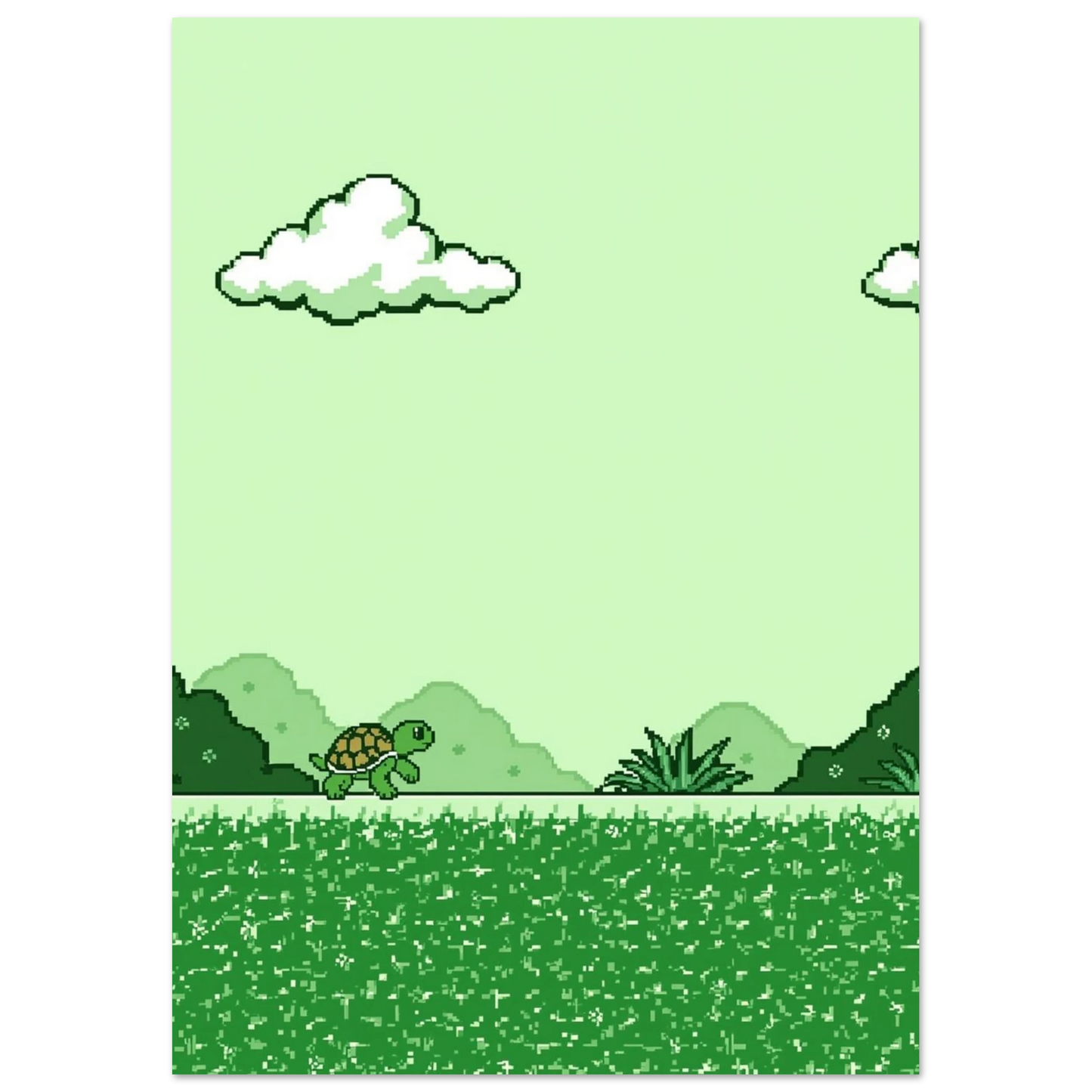 Nostalgisk 8-bitars illustration med en sköldpadda och vita moln