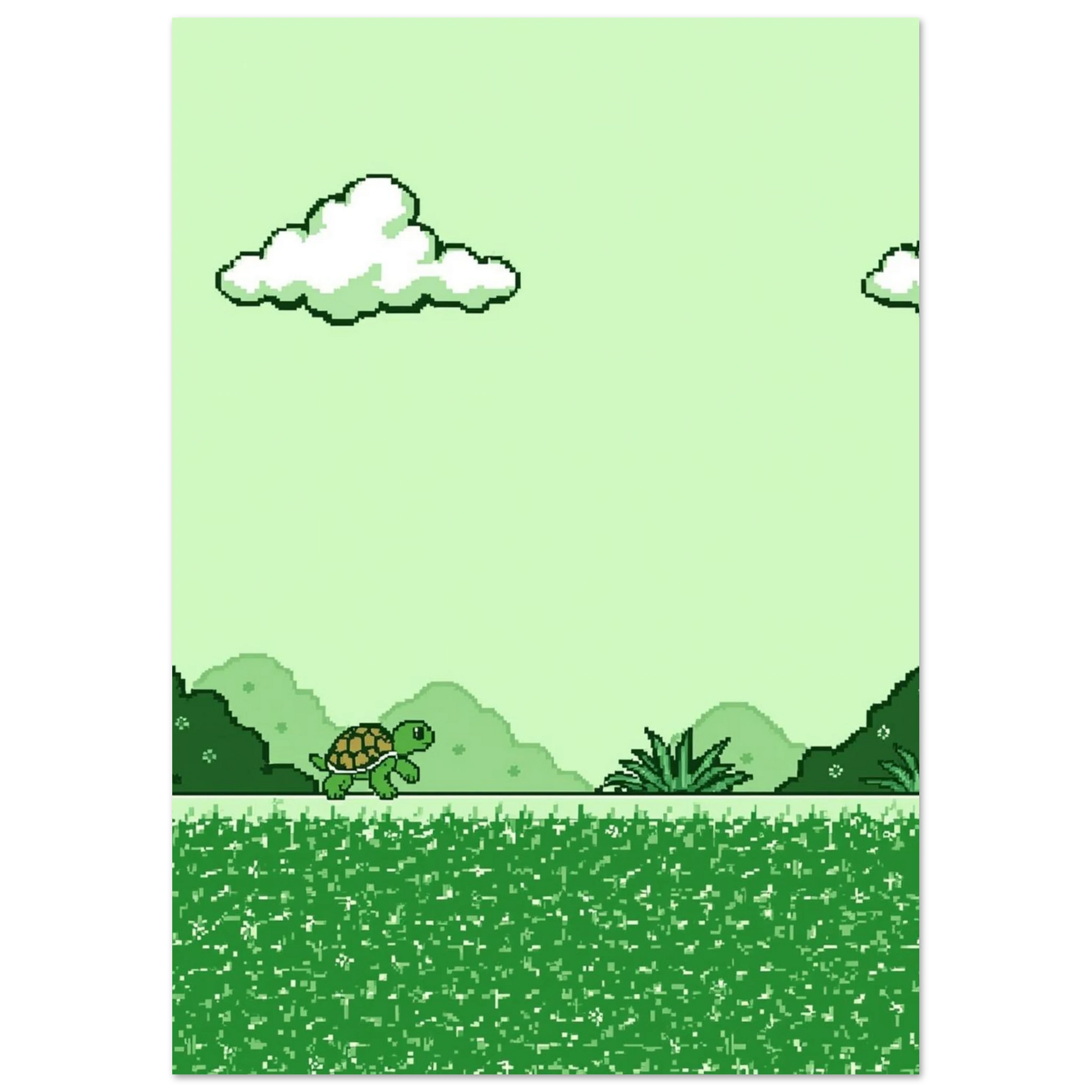 Nostalgisk 8-bitars illustration med en sköldpadda och vita moln