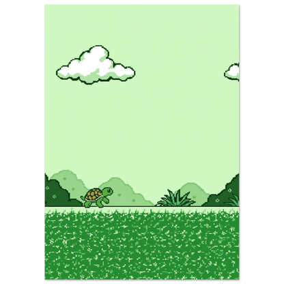 Nostalgisk 8-bitars illustration med en sköldpadda och vita moln